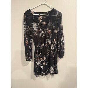 White House Black Market Dress Women 2 Black Chiffon Sheer Floral Elastic Waist